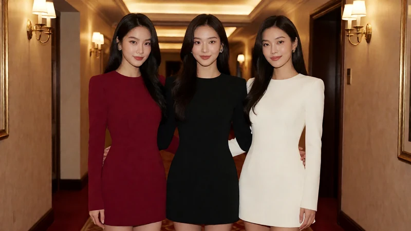 三位虚构成年女性穿红黑白短裙居中站在暖色剧院走廊
