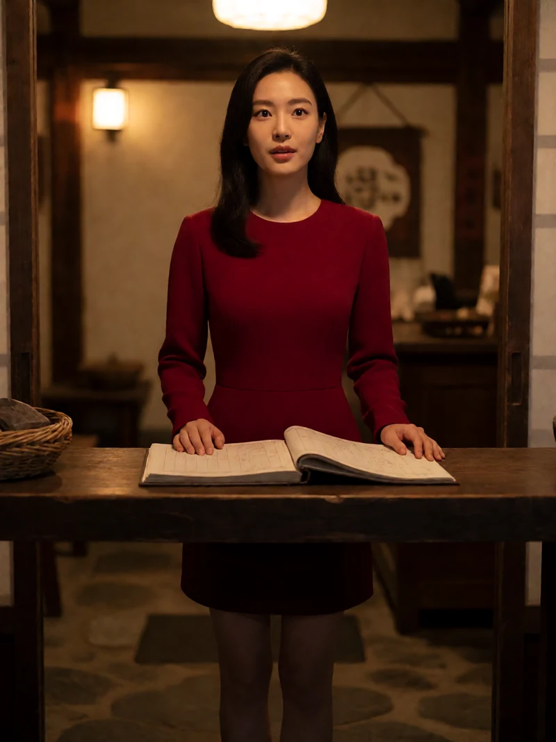 虚构成年旅馆女将穿酒红色连衣裙站在暖灯前台看向门口