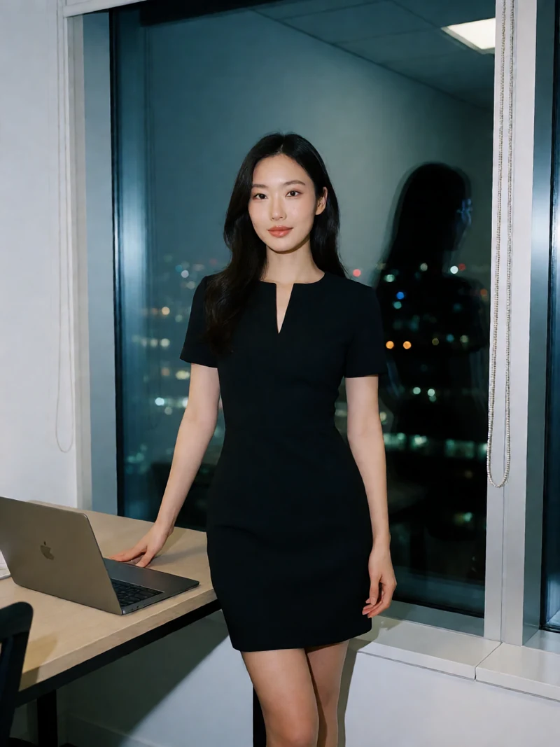 虚构成年女性穿黑色短裙站在夜间办公室窗边，身旁有打开的电脑